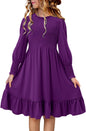 Yoklass Girls Smocked Dress Casual Puff Long Sleeve Ruffle Neck Dresses 4-13 Years