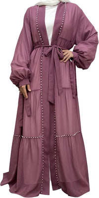 Abayas For Women Muslim Ramadan Long Sleeve Open Front Imitation Pearls Tiered Chiffon Dress Cardigan with Belt Dubai Kaftan