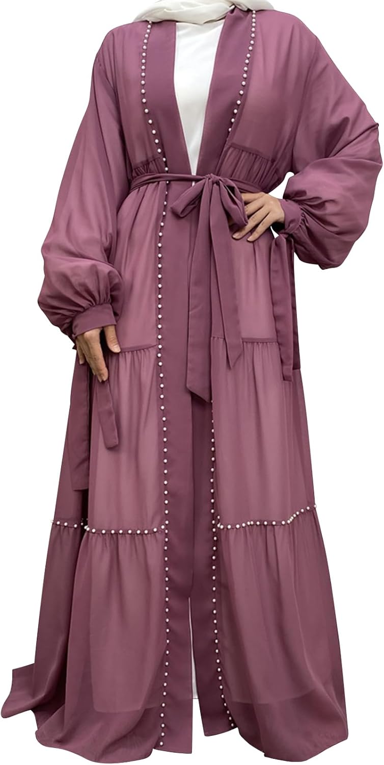 Abayas For Women Muslim Ramadan Long Sleeve Open Front Imitation Pearls Tiered Chiffon Dress Cardigan with Belt Dubai Kaftan