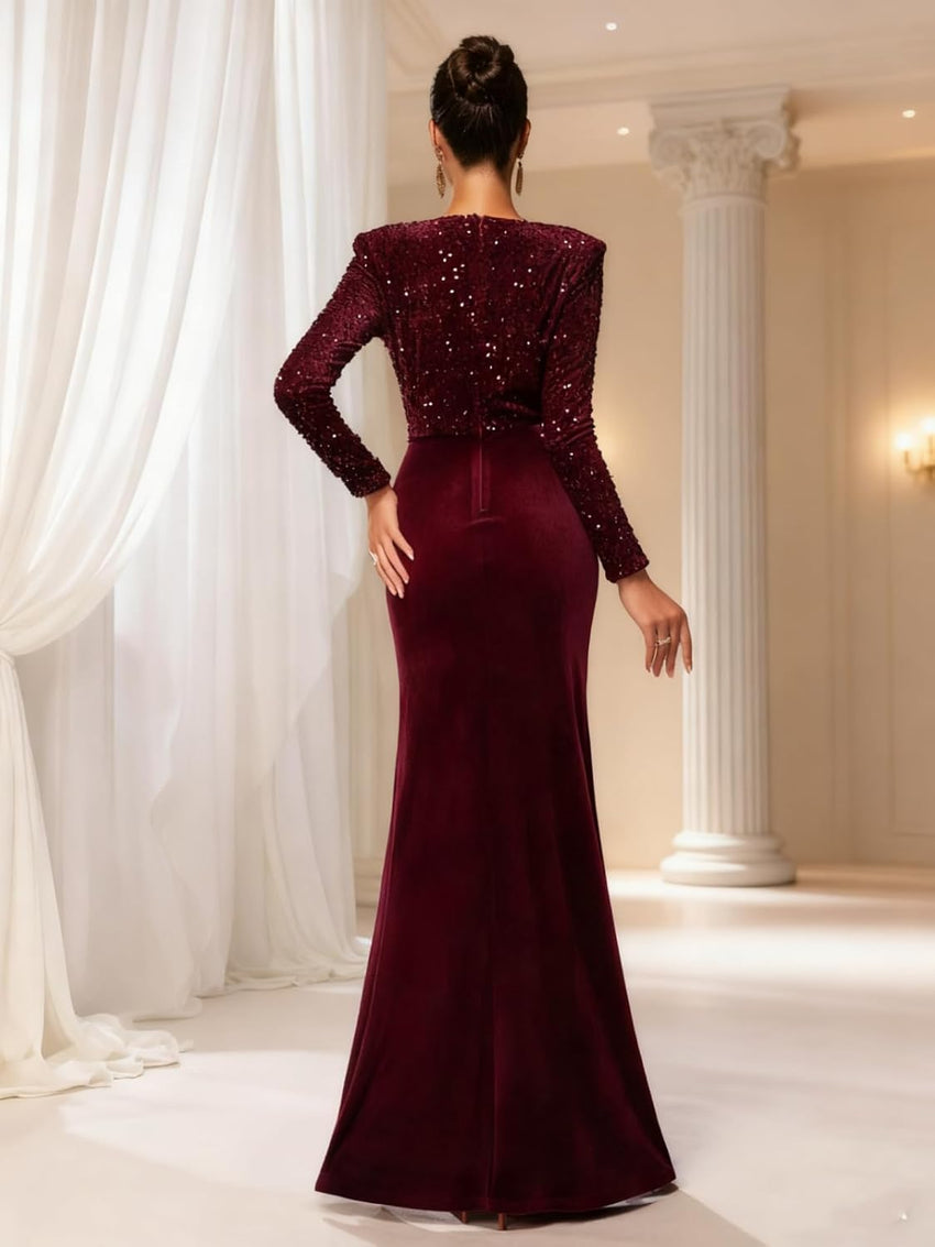 V Neck Velvet Formal Dresses Long for Women Sparkly Sequin 2026 Pleated Mermaid Long Sleeves Bridesmaid Dress OL010