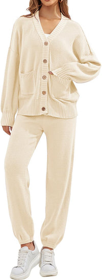 Women's 2 Piece Outfit Lounge Set Trendy Cardigan Sweater Pants Sets V Neck Button Pocket Knit Matching Loungewear