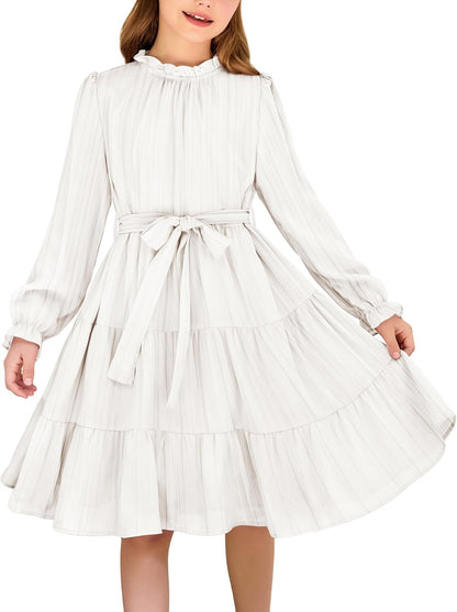 Arshiner Girls Long Sleeve Dress Tween Fall Formal Party Holiday Midi Tiered Flowy Swing Dresses with Belt 5-13 Y