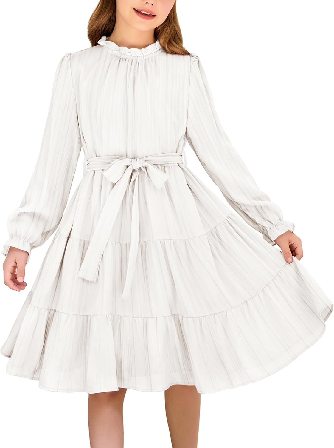 Arshiner Girls Long Sleeve Dress Tween Fall Formal Party Holiday Midi Tiered Flowy Swing Dresses with Belt 5-13 Y