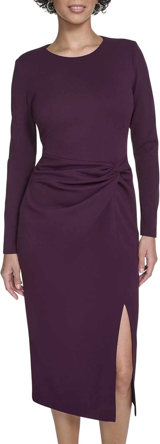 Calvin Klein Womens Long Sleeve Round Neck Scuba Crepe Side Ruffle Midi Dress