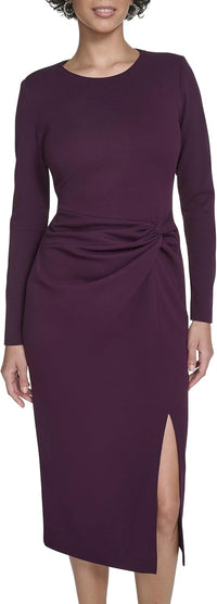 Calvin Klein Womens Long Sleeve Round Neck Scuba Crepe Side Ruffle Midi Dress