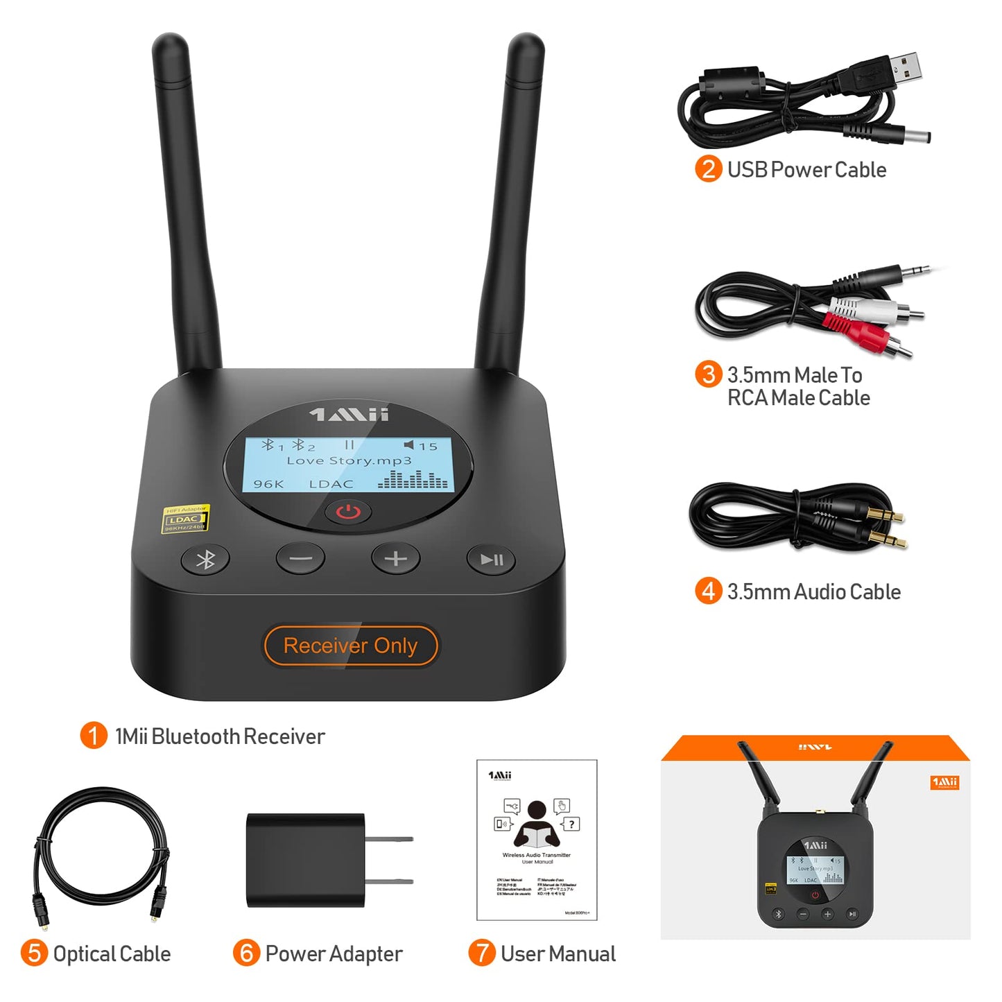 [Upgraded] 1Mii B06Pro Long Range Bluetooth Receiver, HiFi Wireless Audio Adapter, Bluetooth 5.1 Receiver with 3D Surround aptX HD Low Latency Optical RCA AUX 3.5mm Coaxial for Home Stereo System