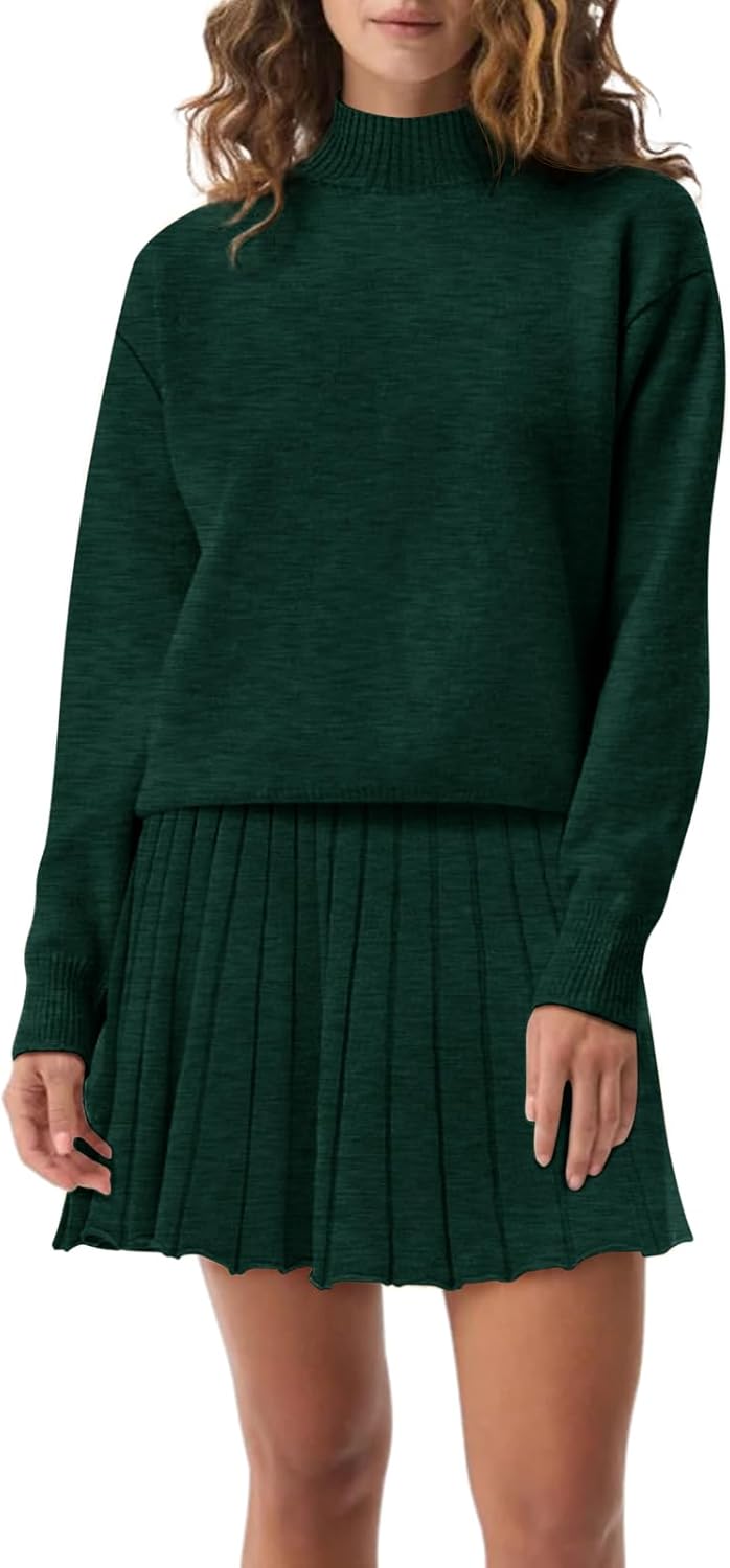 Women's Two Piece Outfits Turtleneck Long Sleeve Ribbed Knit Tops Pleated Mini Skirt 2025 Casual Sweater Sets