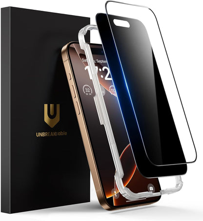 UNBREAKcable 2PCS Screen Protector for iPhone 16-1 Privacy Tempered Glass+1 Clear Glass Double Shatterproof [Easy Installation Frame] [9H Hardness] [Case Friendly] Anti-Scratch for iPhone 6.1 inch
