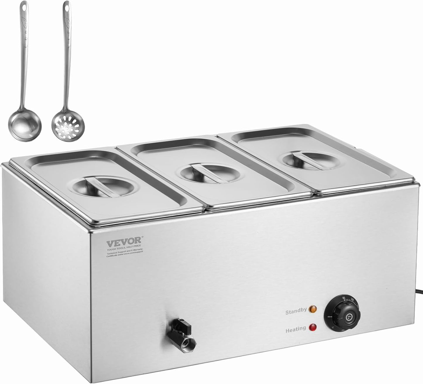 VEVOR Commercial Food Warmer, 1500W Electric Stainless Steel Steam Food Warmer with Lid, 6-Pan Fast Heating Countertop Buffet Bain Marie with Soup & Perforated Ladles, for Catering, Restaurant, Party