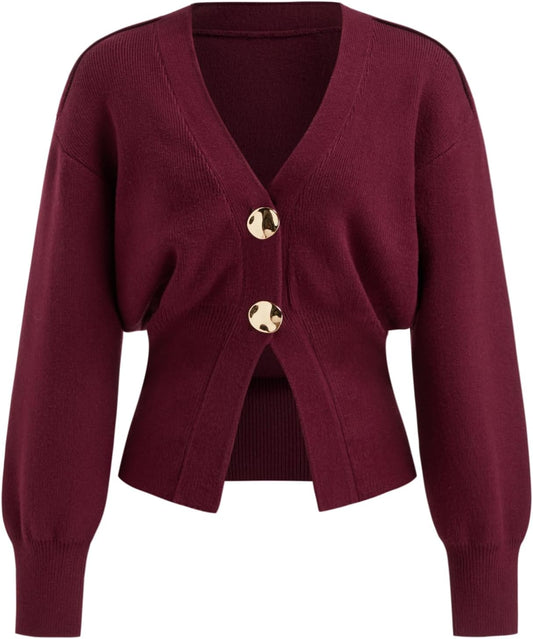 CIDER Cardigan Sweater for Women Knitted Long Sleeve V Neck Trendy Open Front Sweaters with Gold Buttons