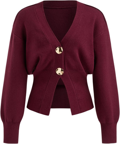 CIDER Cardigan Sweater for Women Knitted Long Sleeve V Neck Trendy Open Front Sweaters with Gold Buttons