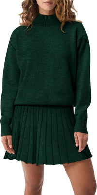 Women's Two Piece Outfits Turtleneck Long Sleeve Ribbed Knit Tops Pleated Mini Skirt 2025 Casual Sweater Sets