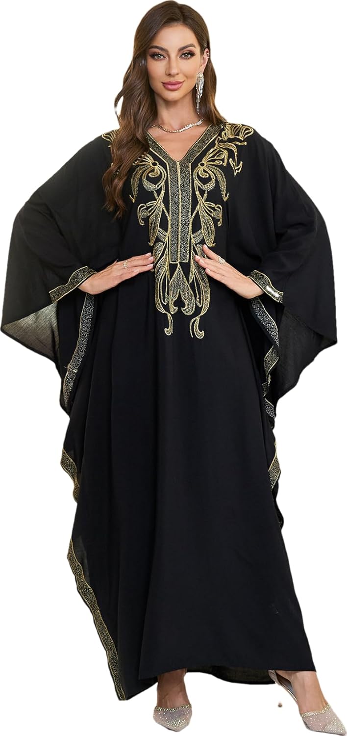 RanRui Women's Embroidered Kaftan Dresses Beach Blouse Cotton Gold Embroidery Holiday Robe Plus Size Caftans Kaftan Dress
