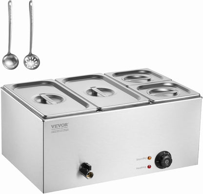 VEVOR Commercial Food Warmer, 1500W Electric Stainless Steel Steam Food Warmer with Lid, 6-Pan Fast Heating Countertop Buffet Bain Marie with Soup & Perforated Ladles, for Catering, Restaurant, Party
