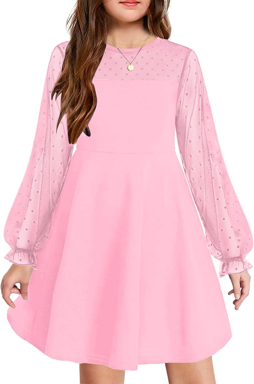 Arshiner Girl's Contrast Mesh Puff Long Sleeve High Waist A Line Short Dress with Pockets for 6-13 Years