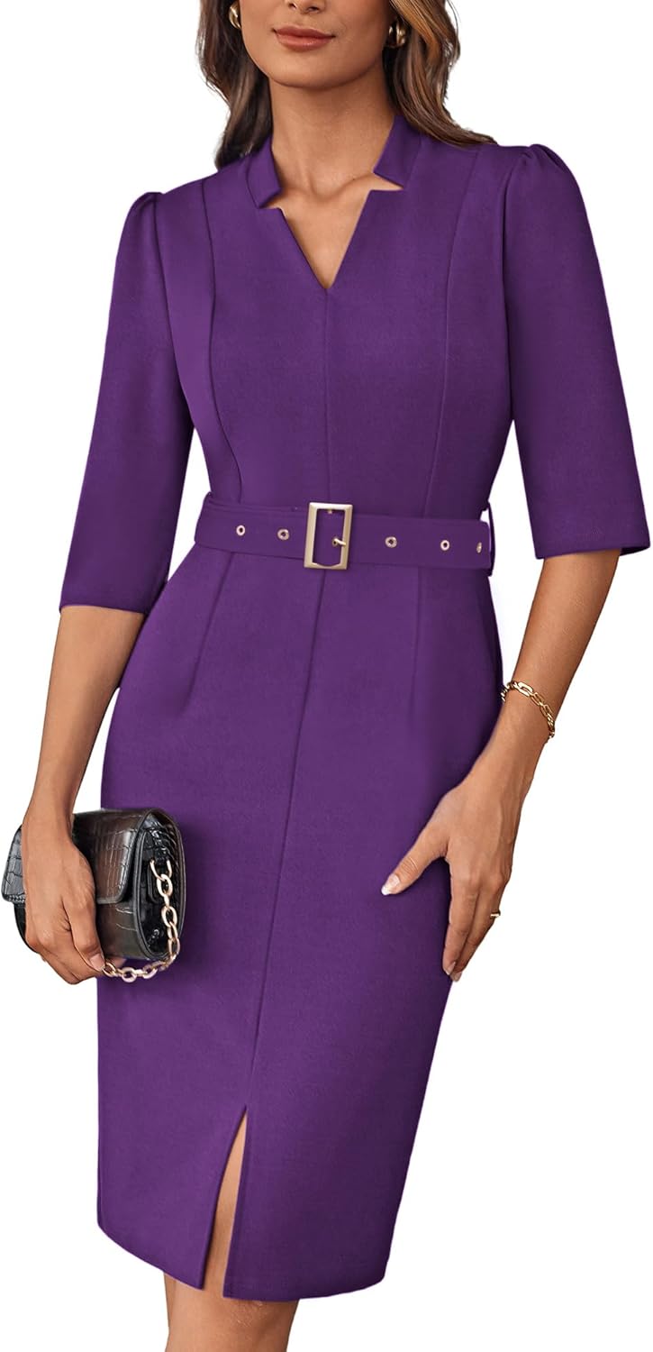 GRACE KARIN Women's Work Dress 3/4 Sleeve V Neck Bodycon Sheath Dress Zipper Up Office Business Dresses with Belt