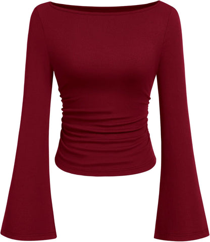 7DAY'S Women's Long Sleeve Shirts 2025 Fall Crop Going Out Tops Casual Boat Neck Bell Sleeve Ribbed Ruched Y2K Clothes