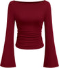 7DAY'S Women's Long Sleeve Shirts 2025 Fall Crop Going Out Tops Casual Boat Neck Bell Sleeve Ribbed Ruched Y2K Clothes