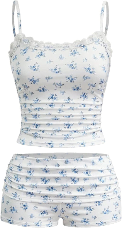 Hilinker Womens Sexy Pajama Set Ruched Lace Trim Cami and Shorts Summer Cute Pjs 2 Piece