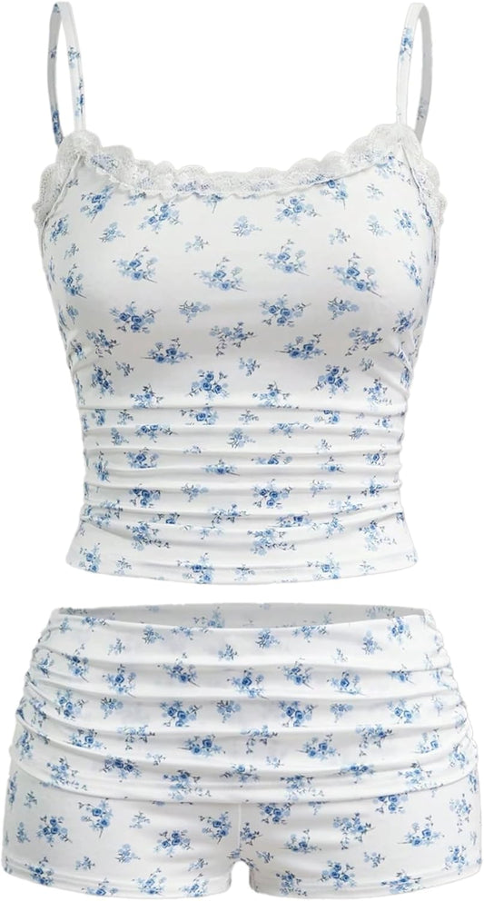 Hilinker Womens Sexy Pajama Set Ruched Lace Trim Cami and Shorts Summer Cute Pjs 2 Piece