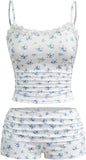 Hilinker Womens Sexy Pajama Set Ruched Lace Trim Cami and Shorts Summer Cute Pjs 2 Piece