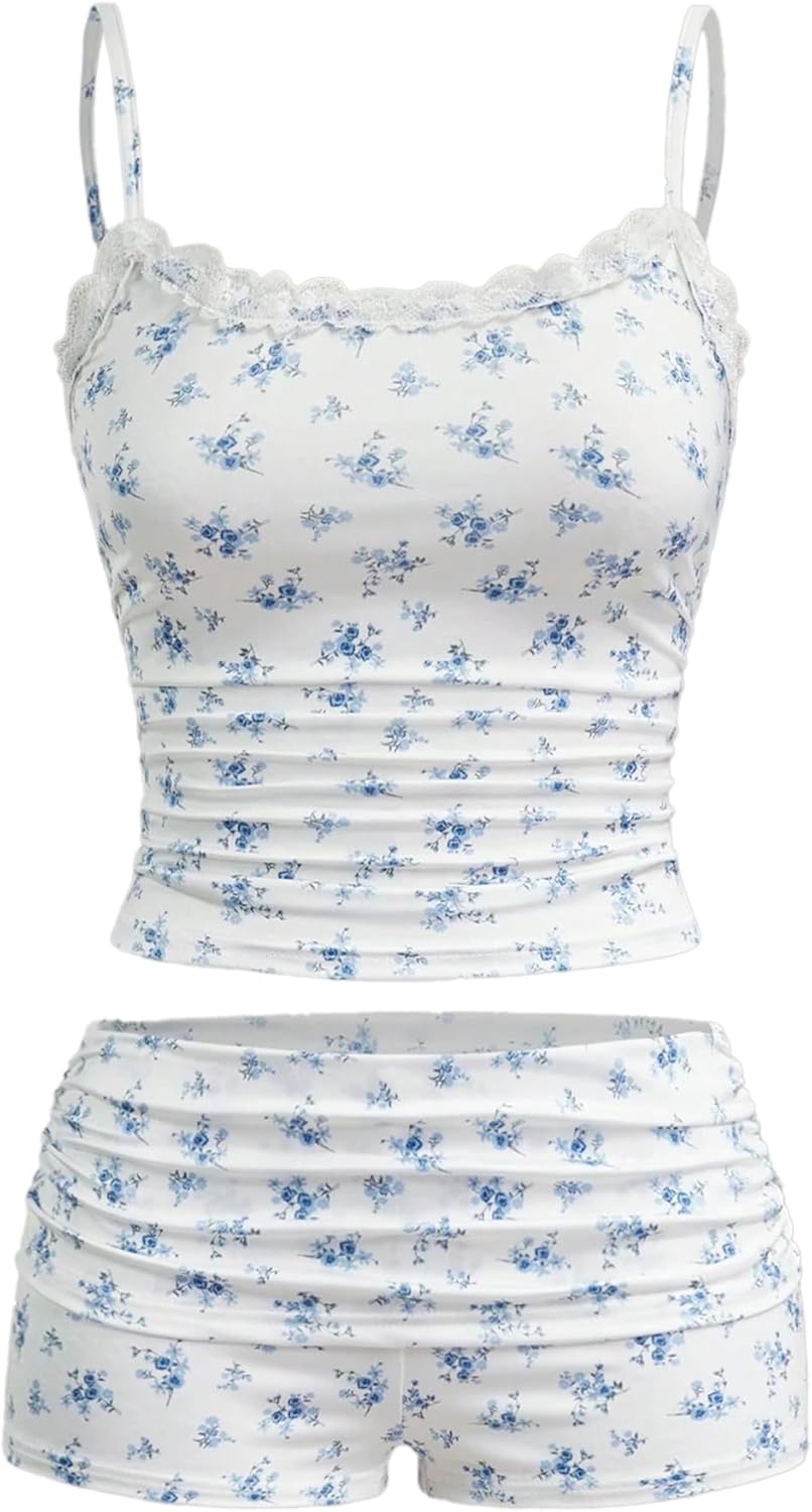 Hilinker Womens Sexy Pajama Set Ruched Lace Trim Cami and Shorts Summer Cute Pjs 2 Piece