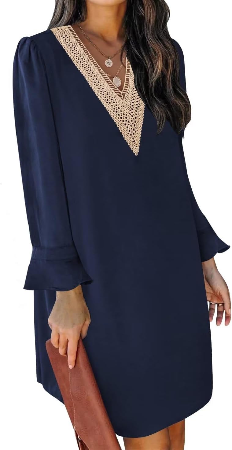 QACOHU Fall Dresses for Women 2025 Casual V Neck Long Sleeves Flowy Mini Tunic Dress