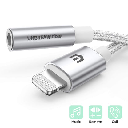 UNBREAKcable Headphones Adapter for iPhone, MFi Certified Lightning to 3.5mm Jack Converter with Apple Original Chip Compatible for iPhone 14/13/12/11/Pro/SE/Xs MAX/XR/X/8/iPad/iPod - Silvery