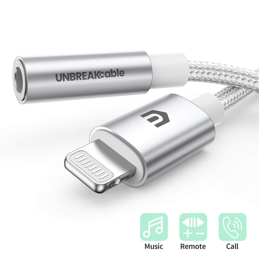 UNBREAKcable Headphones Adapter for iPhone, MFi Certified Lightning to 3.5mm Jack Converter with Apple Original Chip Compatible for iPhone 14/13/12/11/Pro/SE/Xs MAX/XR/X/8/iPad/iPod - Silvery