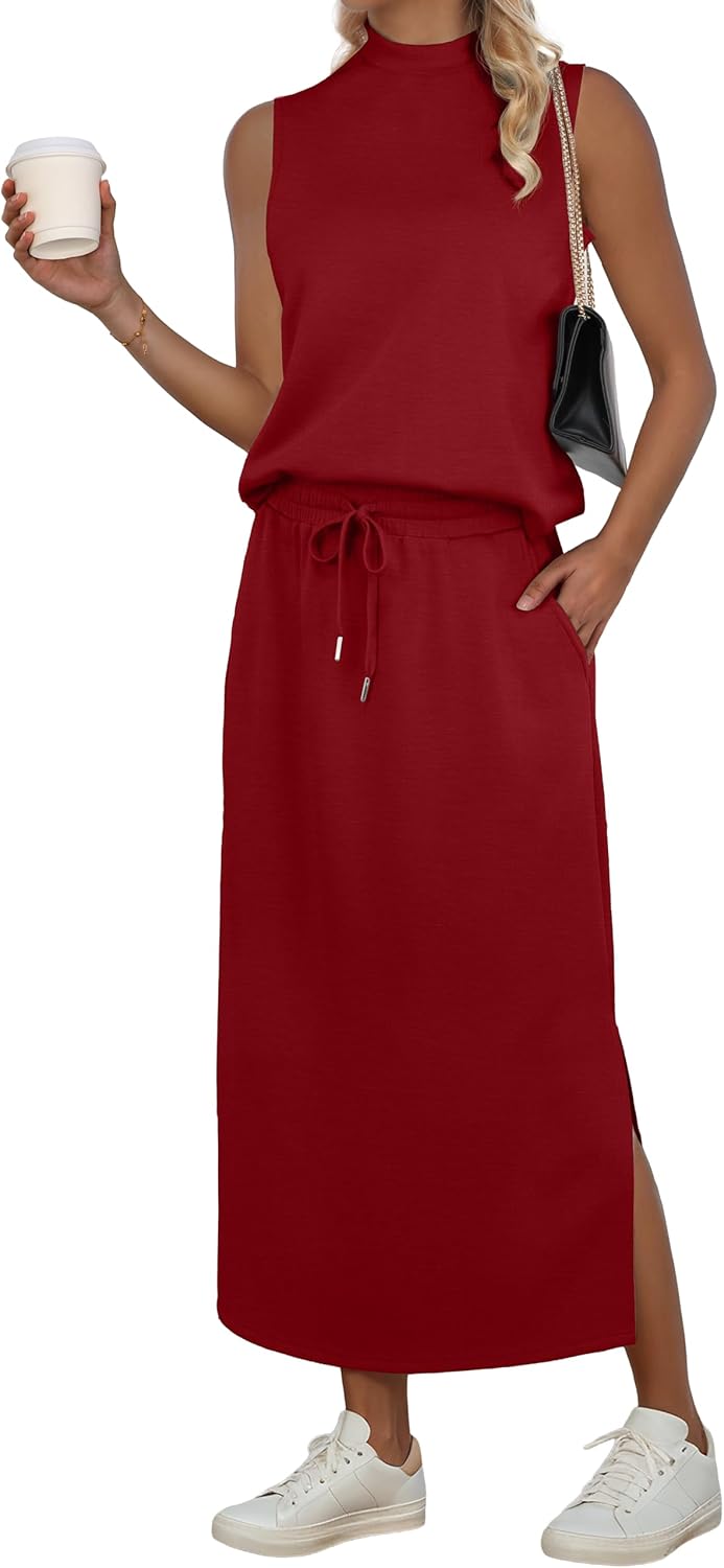 GRECERELLE Two Piece Skirt Sets for Women Summer Outfits with Pockets Lounge Sets Mock Neck Tops Split Maxi Skirt