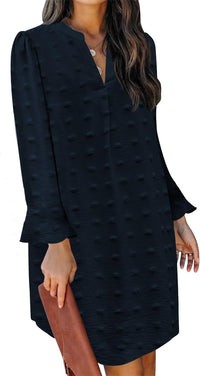 QACOHU Fall Dresses for Women 2025 Casual V Neck Long Sleeves Flowy Mini Tunic Dress