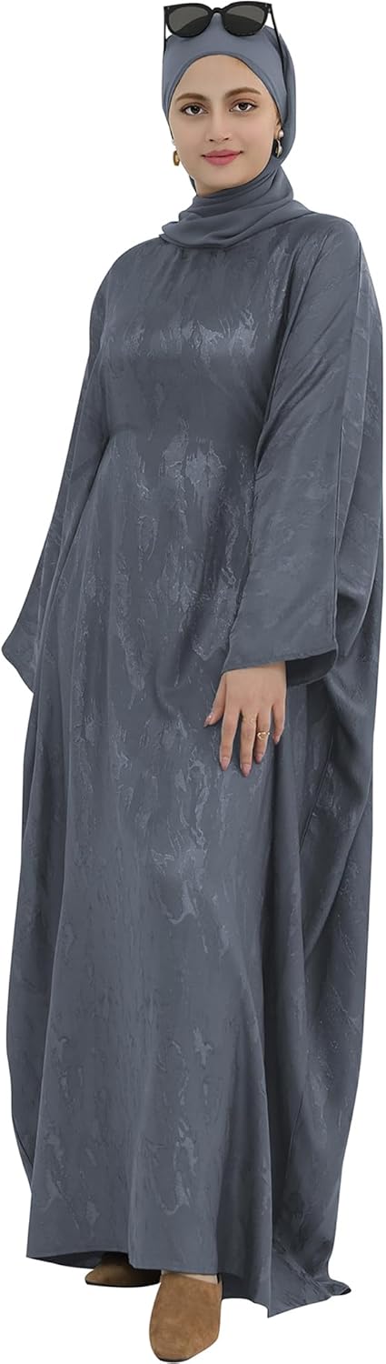 Elegant Eid Clothes Women Muslim Glossy Batwing Sleeve Abaya Ramadan Prayer Dress with Belt