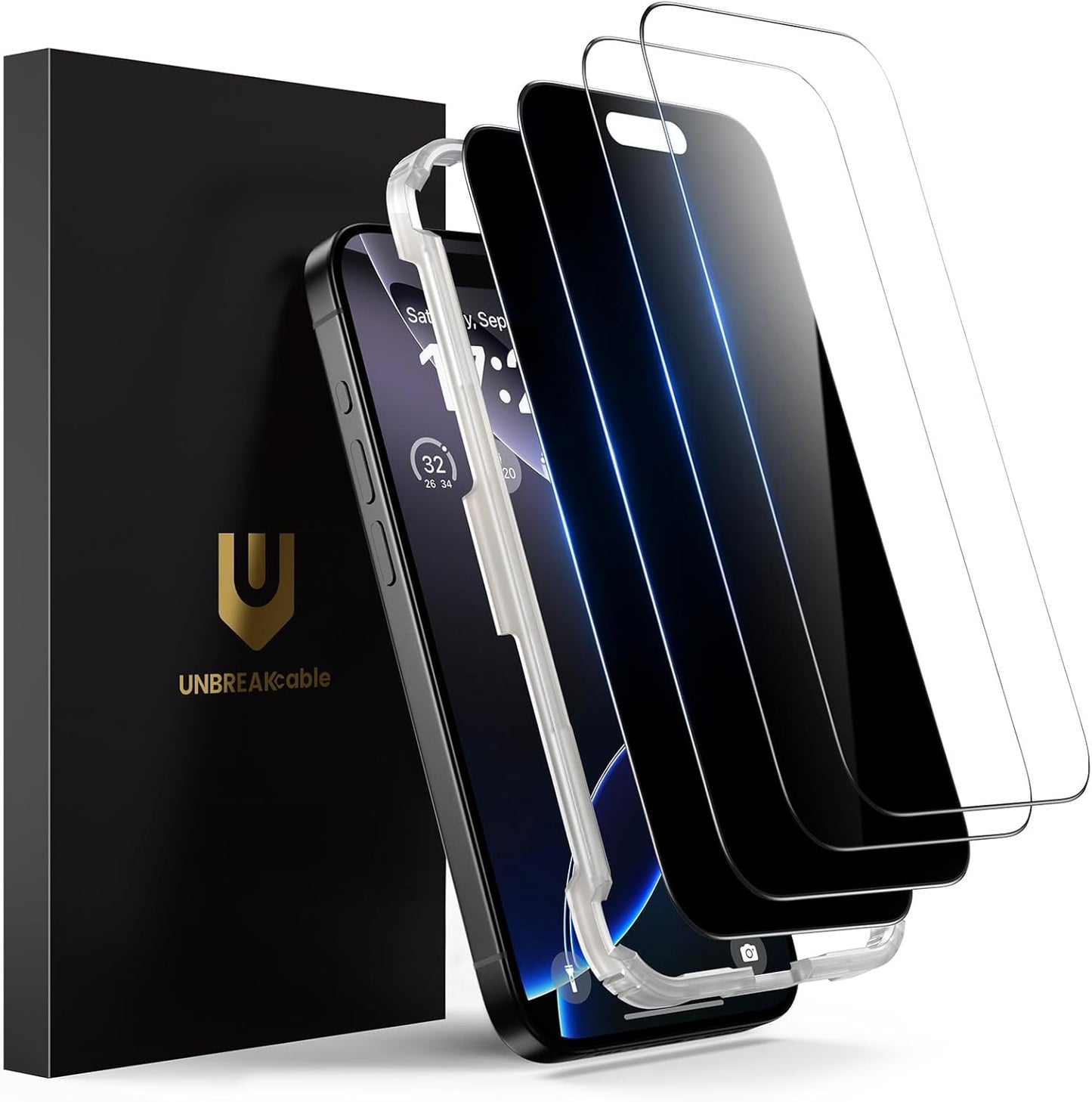 UNBREAKcable 4PCS Screen Protector for iPhone 15-2 Privacy Tempered Glass+2 Clear Glass Double Shatterproof [Easy Installation Frame] [9H Hardness] [Case Friendly] Anti-Scratch for iPhone 6.1 inch
