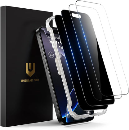 UNBREAKcable 4PCS Screen Protector for iPhone 15-2 Privacy Tempered Glass+2 Clear Glass Double Shatterproof [Easy Installation Frame] [9H Hardness] [Case Friendly] Anti-Scratch for iPhone 6.1 inch