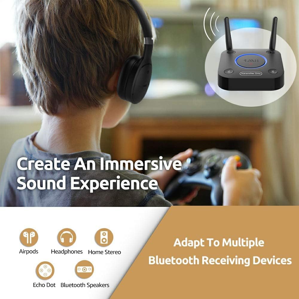 1Mii B06TX Bluetooth 5.2 Transmitter for TV to Wireless Headphone/Speaker, Bluetooth Adapter for TV w/Volume Control, AUX/RCA/Optical/Coaxial Audio Inputs, Plug n Play, aptX Low Latency & HD