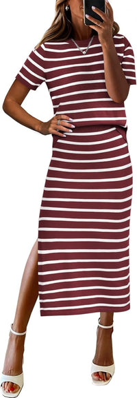 ANRABESS Womens 2 Piece Outfits Striped Sweater Skirt Sets 2025 Summer Casual Short Sleeve Pullover Tops Travel Midi Dress