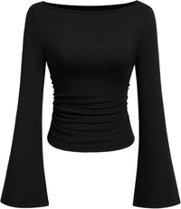 7DAY'S Women's Long Sleeve Shirts 2025 Fall Crop Going Out Tops Casual Boat Neck Bell Sleeve Ribbed Ruched Y2K Clothes