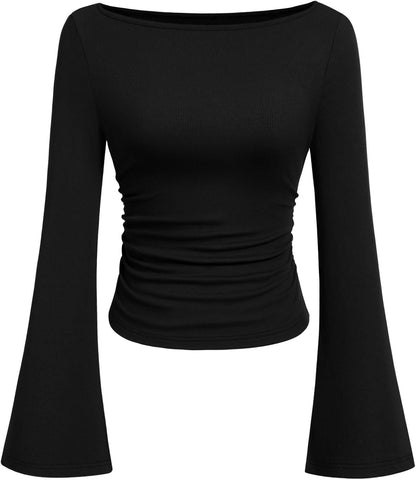 7DAY'S Women's Long Sleeve Shirts 2025 Fall Crop Going Out Tops Casual Boat Neck Bell Sleeve Ribbed Ruched Y2K Clothes