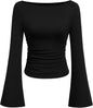 7DAY'S Women's Long Sleeve Shirts 2025 Fall Crop Going Out Tops Casual Boat Neck Bell Sleeve Ribbed Ruched Y2K Clothes
