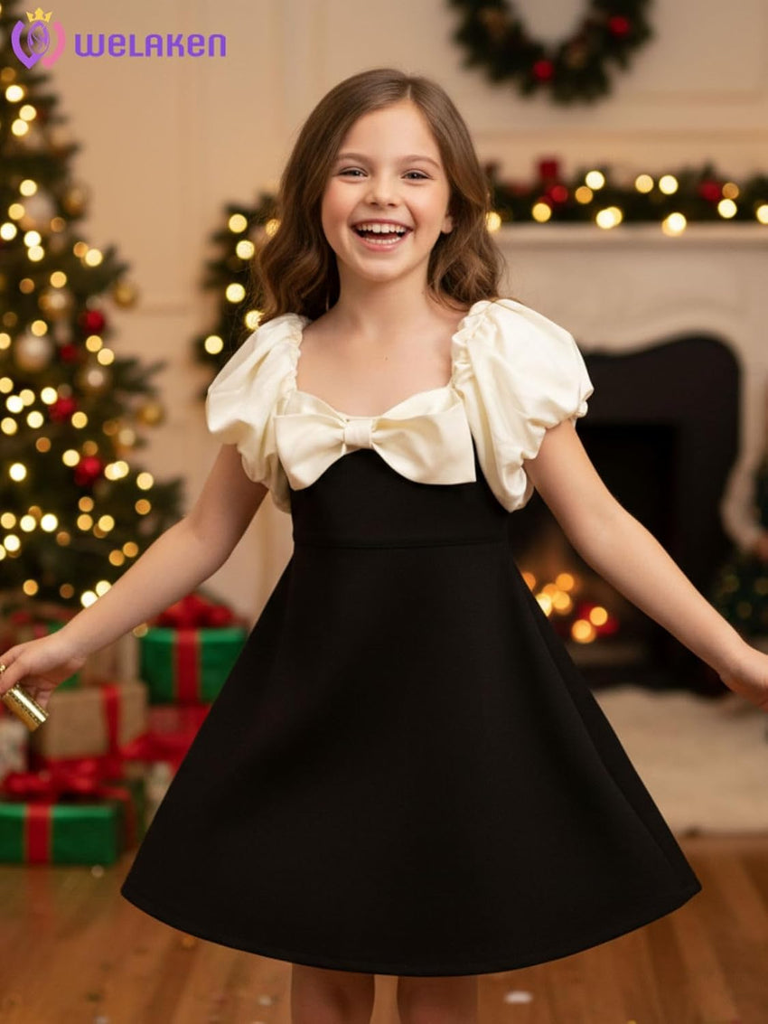 WELAKEN Girls Black Formal Dress – Elegant Midi Dress for Parties or Special Occasions