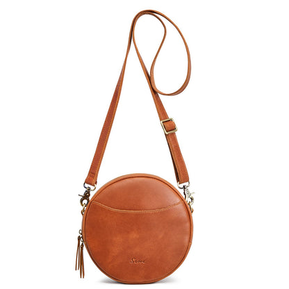 S-ZONE Leather Crossbody Bags for Women Circle Shoulder Round Purse Travel | Top Grain Leather, Keychain, Designer Handbag, Vintage, Multi Pockets, Detachable Strap, Eveyday Outing