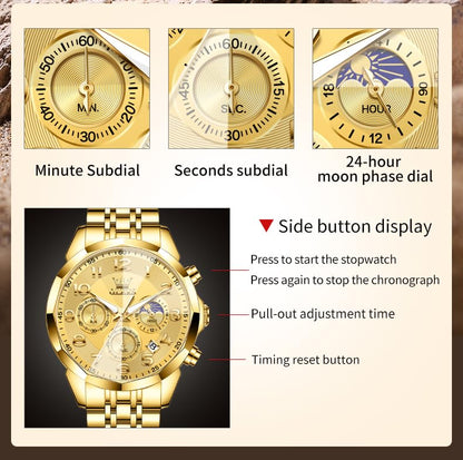 OLEVS Watches Men Luxury Chronograph Moon Phase Waterproof Luminous Watches for Men Analog Quartz Calendar Stainless Steel Strap Wrist Watches-(Black/Blue/Gold/Grey/Silver Face)