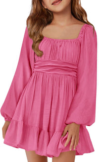 Batermoon Girls Long Sleeve Tie Back Dress Kids Fall Square Neck A-Line Mini Dresses 5-14 Years