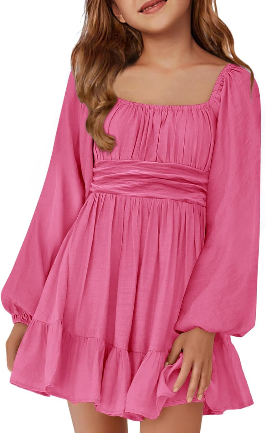 Batermoon Girls Long Sleeve Tie Back Dress Kids Fall Square Neck A-Line Mini Dresses 5-14 Years