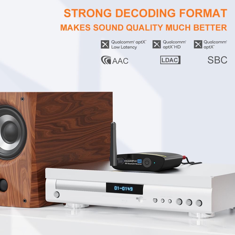 1Mii HiFi Bluetooth 5.3 Music Receiver for Home Stereo with LDAC, Bluetooth Audio Adapter with Audiophile DAC aptX HD, RCA Optical Output for AV Receiver or Stereo Amplifier - DS200Pro