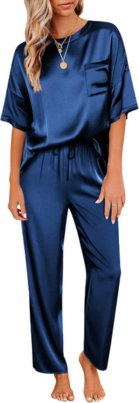 Ekouaer Womens Satin Silky Pajama Set Short Sleeve Shirt with Long Pajama Pant Set Soft PJ Loungewear