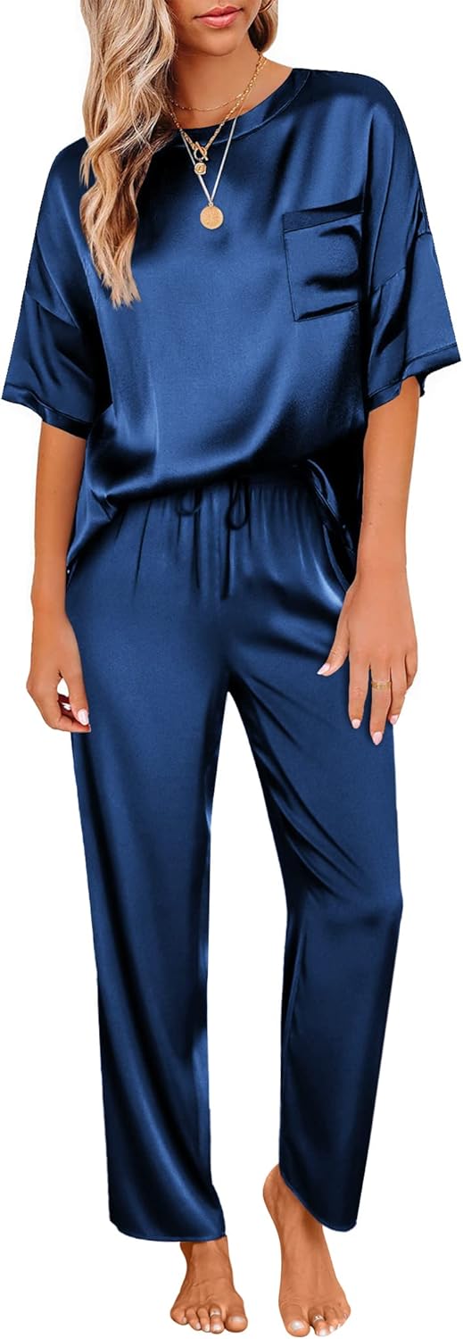 Ekouaer Womens Satin Silky Pajama Set Short Sleeve Shirt with Long Pajama Pant Set Soft PJ Loungewear