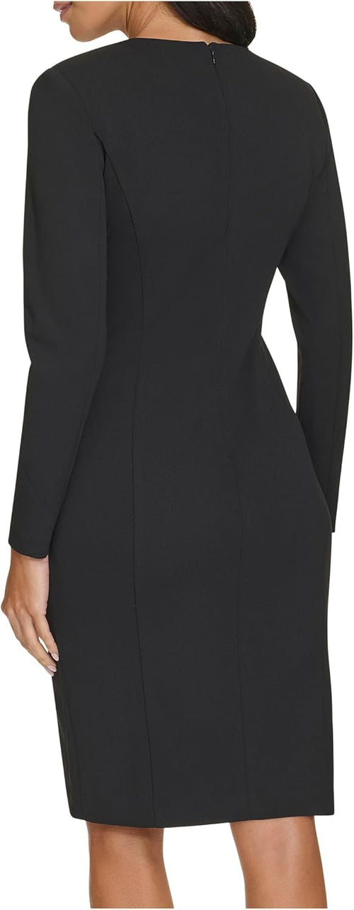 Calvin Klein Womens Long Sleeve V-Neck Embellished Shoulder Scuba Sheath Dress