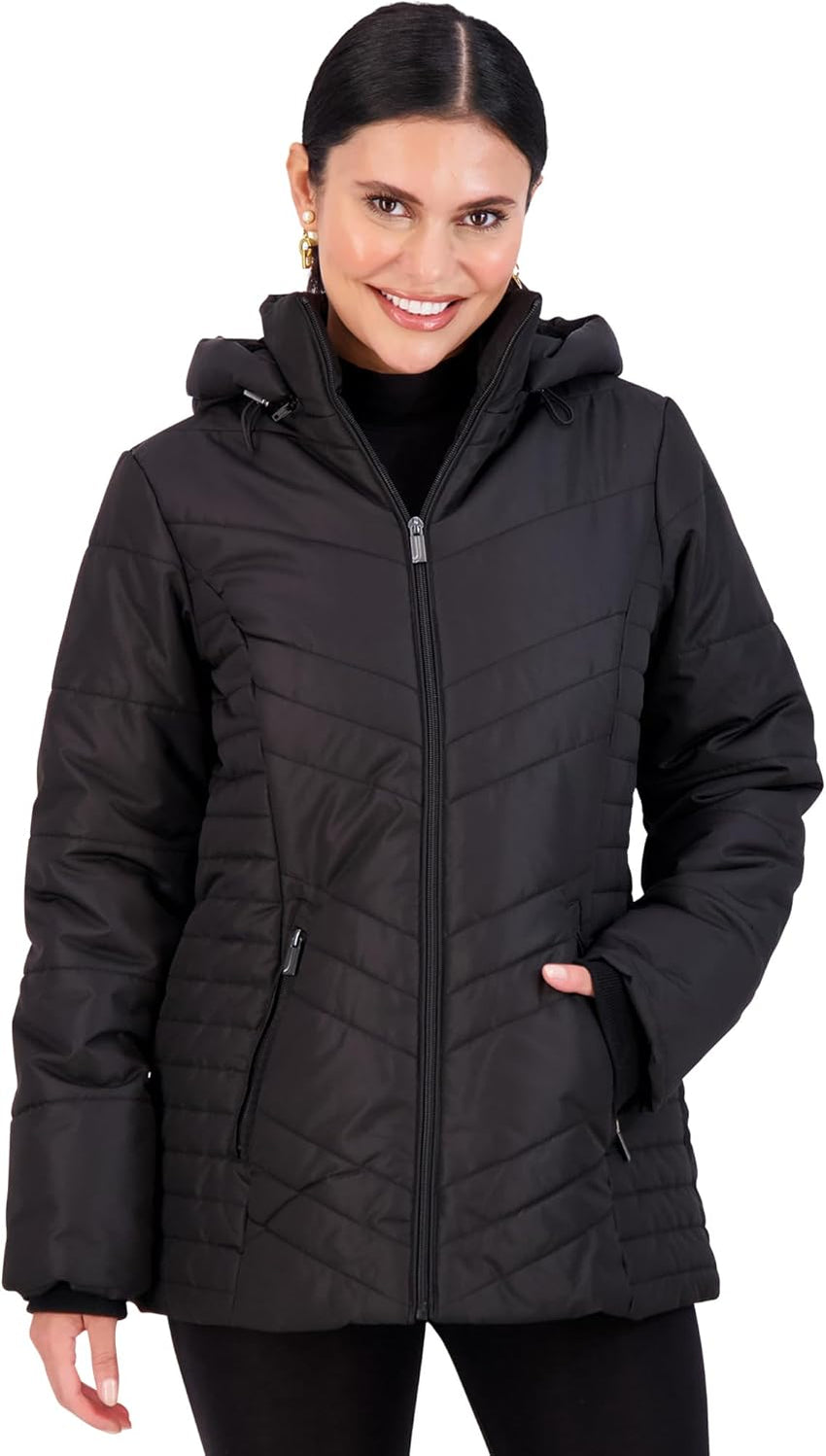 Jones NY Women's Puffer Jacket Zippered Removable Bungee Hood Womens Winter Coat