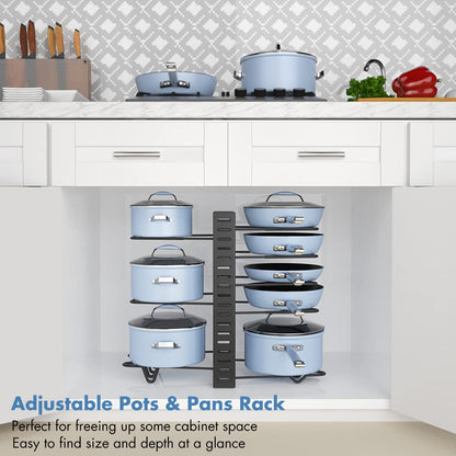 Felibeaco Adjustable Pots and Pans Organizer Rack for Cabinet, Metal Pans Pots Lids Storage Holder Rack with 3 DIY Methods for Kitchen, Counter,Black